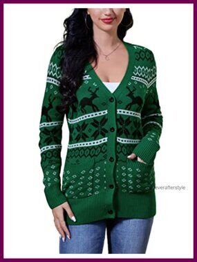 Women's Knit Button Down Open Front Cardigan Long Sleeve V-Neck Holiday Sweater